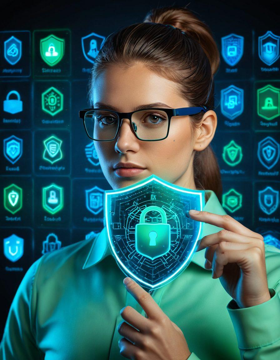 A futuristic computer screen with holographic icons representing security aspects such as a lock, shield, and privacy symbols. The central figure could be a tech-savvy, confident individual wearing smart glasses, interacting with these holograms, with a digital web of connections and data streams in the background. The colors should be vibrant with a blue and green palette to symbolize security and trust. 3D, super-realistic, vibrant colors.