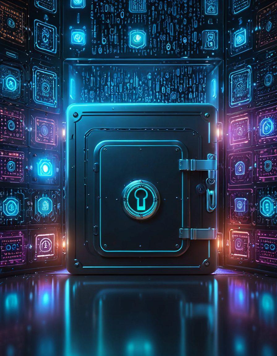 A futuristic digital vault with glowing locks and keys, surrounded by floating digital shields, and a holographic padlock. The background should depict a matrix of encrypted binary code and cyber-themed icons representing security. vibrant colors. super-realistic. high-tech aesthetic.