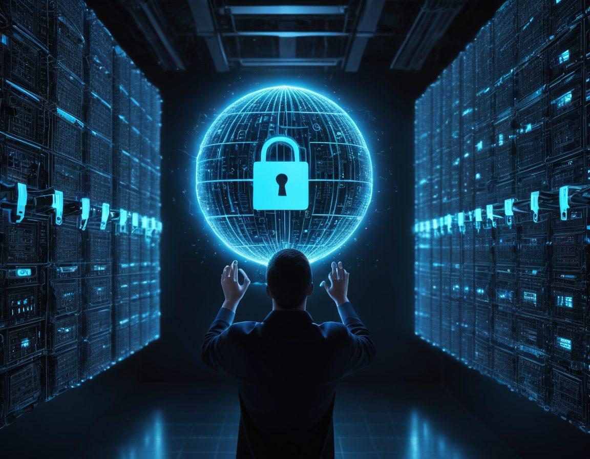 A person holding a digital shield that emanates a web of glowing binary code, surrounded by locks and keys, symbolizing data protection. The backdrop is a dark, high-tech server room, with a faint outline of a holographic globe, representing the internet. The entire scene is bathed in a soft blue neon glow. super-realistic. vibrant colors. high-tech.